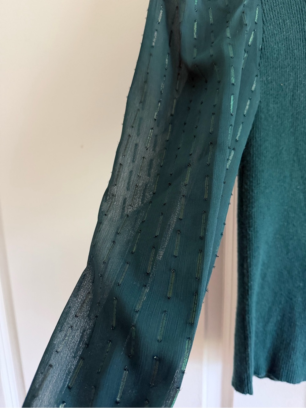 Skies Are Blue Teal Scoop Neck Sweater with Sheer Puff Sleeves - Picture 3 of 4